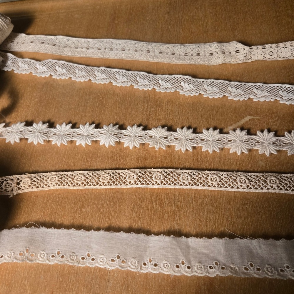 Vintage Lace Trim Eyelet Ribbon Lot 5 Rolls Cream Ivory Tan Sewing Crafting
